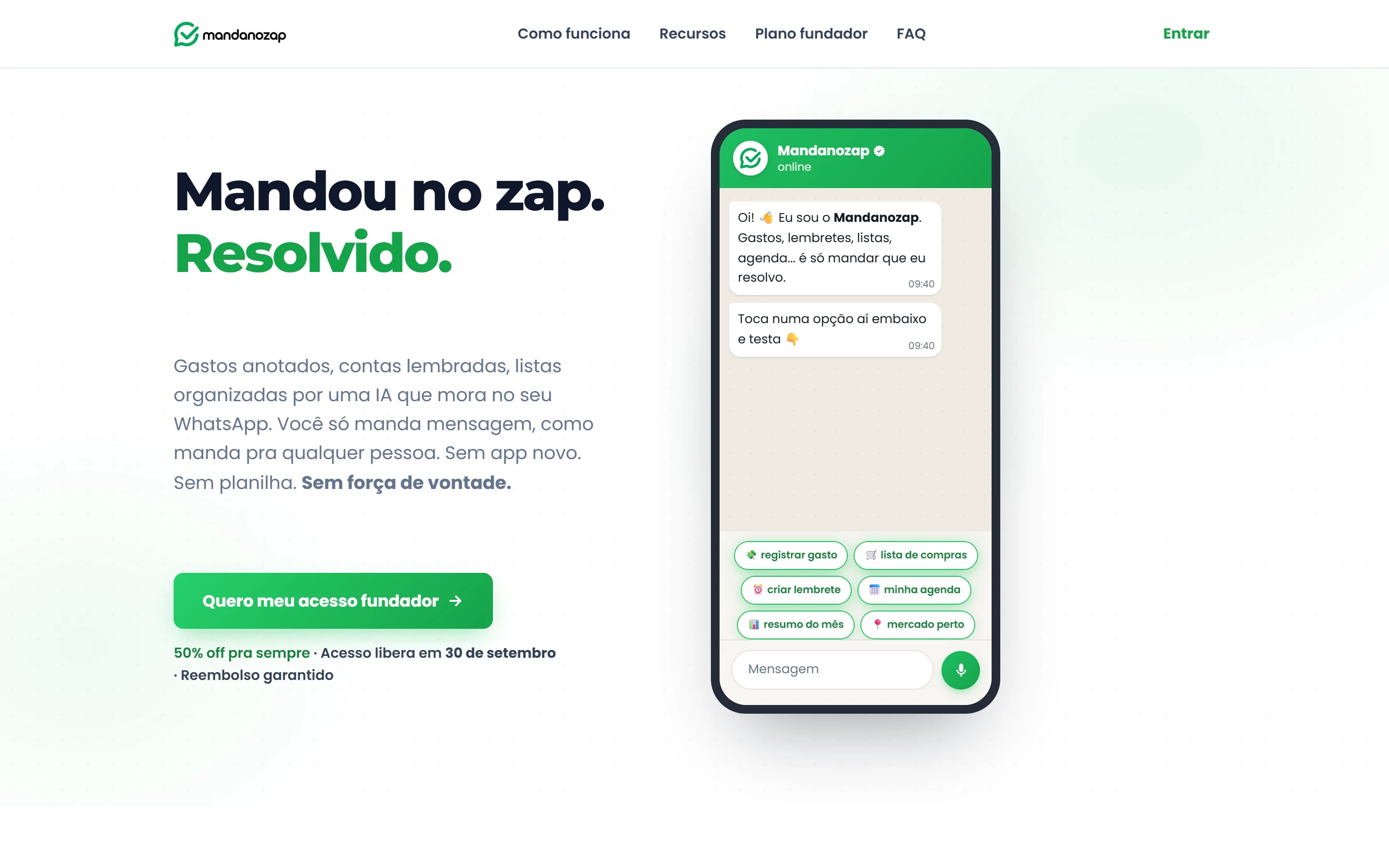 Primeira tela da página de MandaNoZap