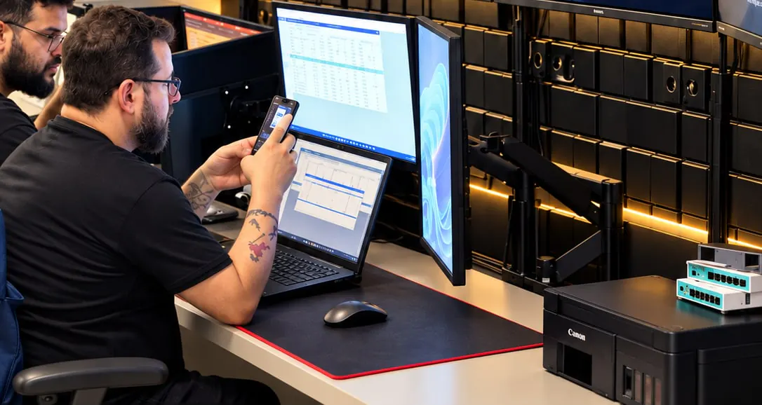 Estação de trabalho com planilhas e sistemas abertos em vários monitores