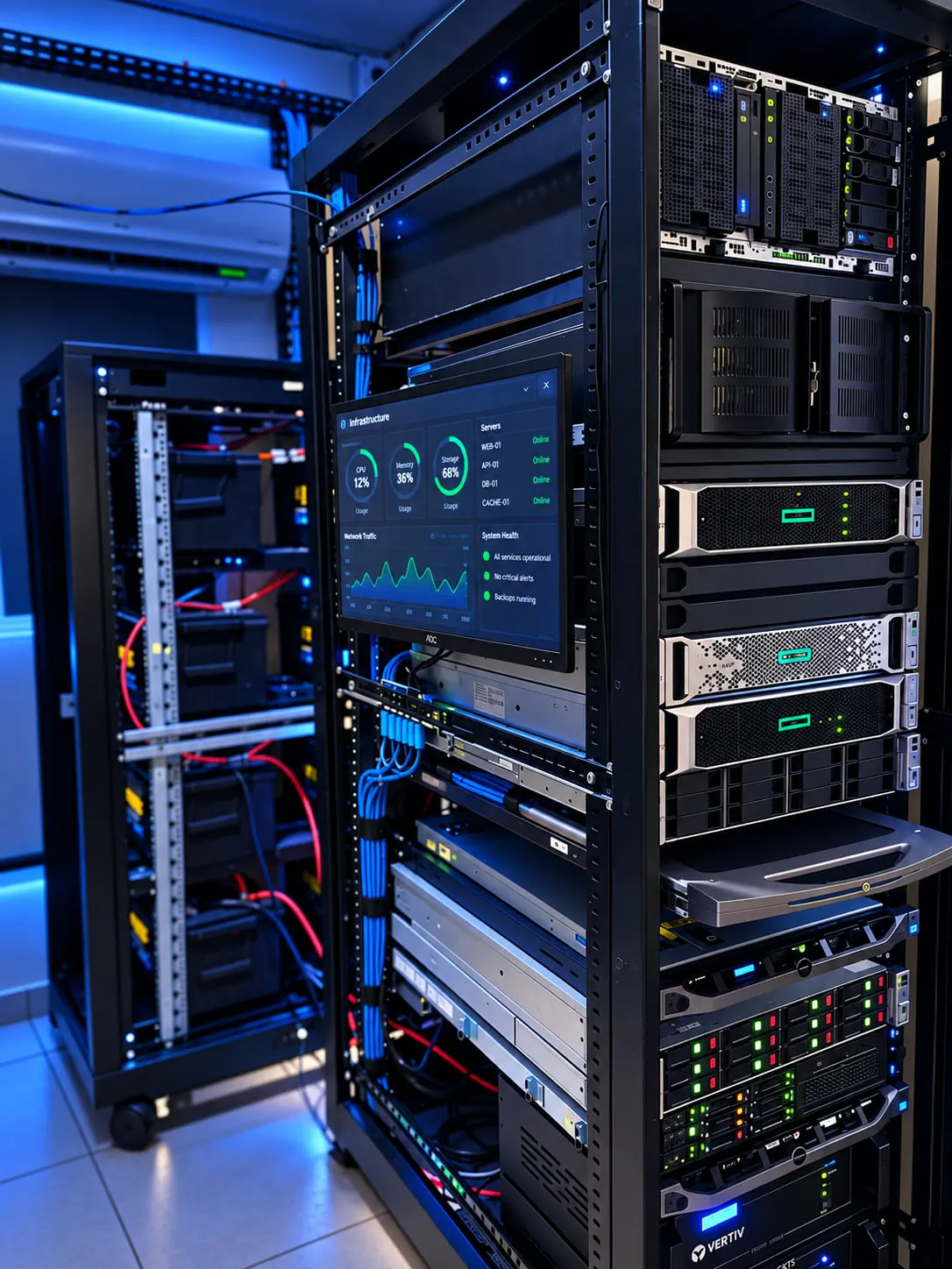 Racks de servidores com painel de monitoramento de infraestrutura