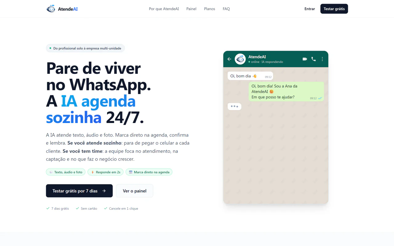 Página do AtendeAI com uma conversa no WhatsApp em que a IA agenda um horário