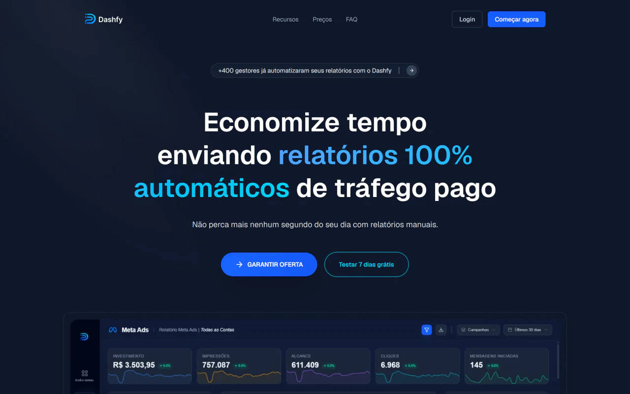 Página do Dashfy com o painel de métricas do Meta Ads