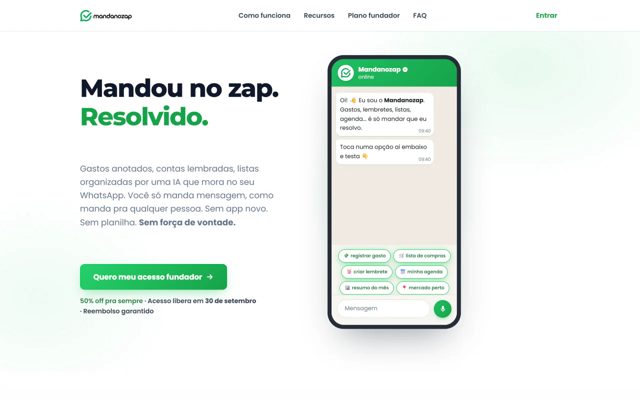 Página do MandaNoZap com o assistente registrando um gasto no WhatsApp